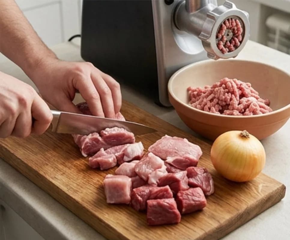 Подготовка мяса и лука