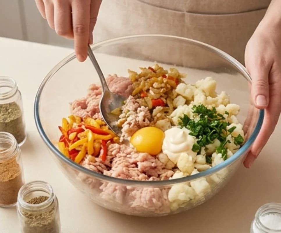 Смешайте фарш с овощами