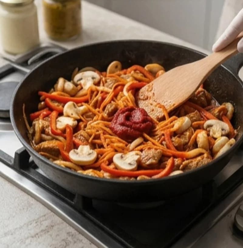 Добавление грибов и моркови
