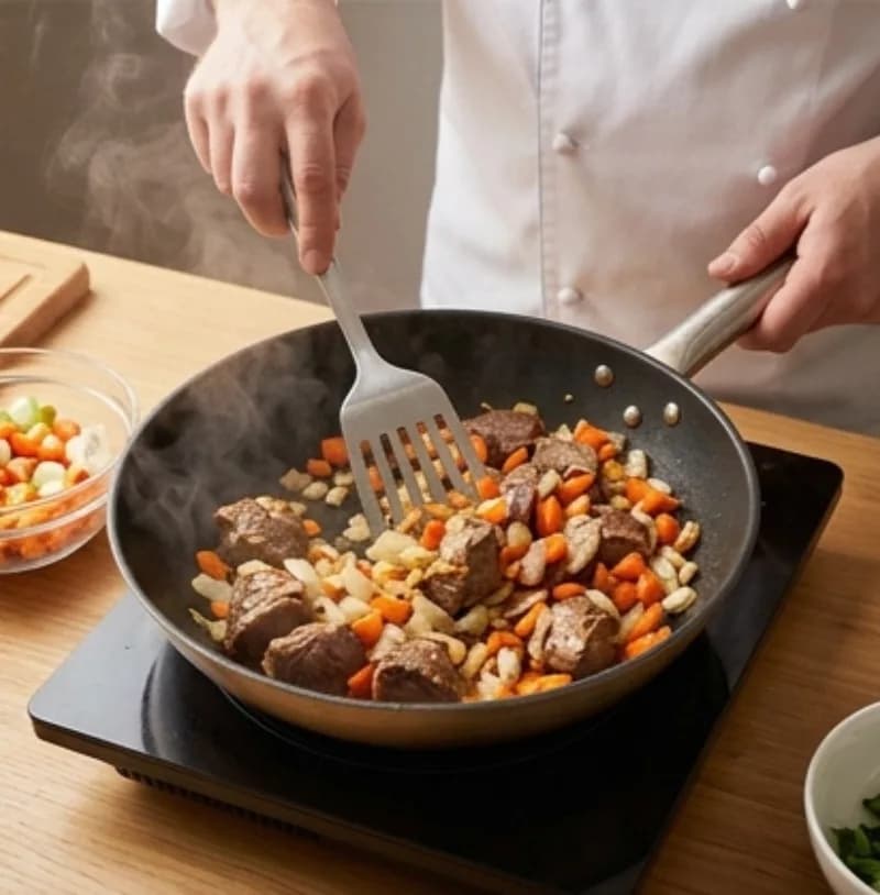 Обжарьте мясо с луком и морковью
