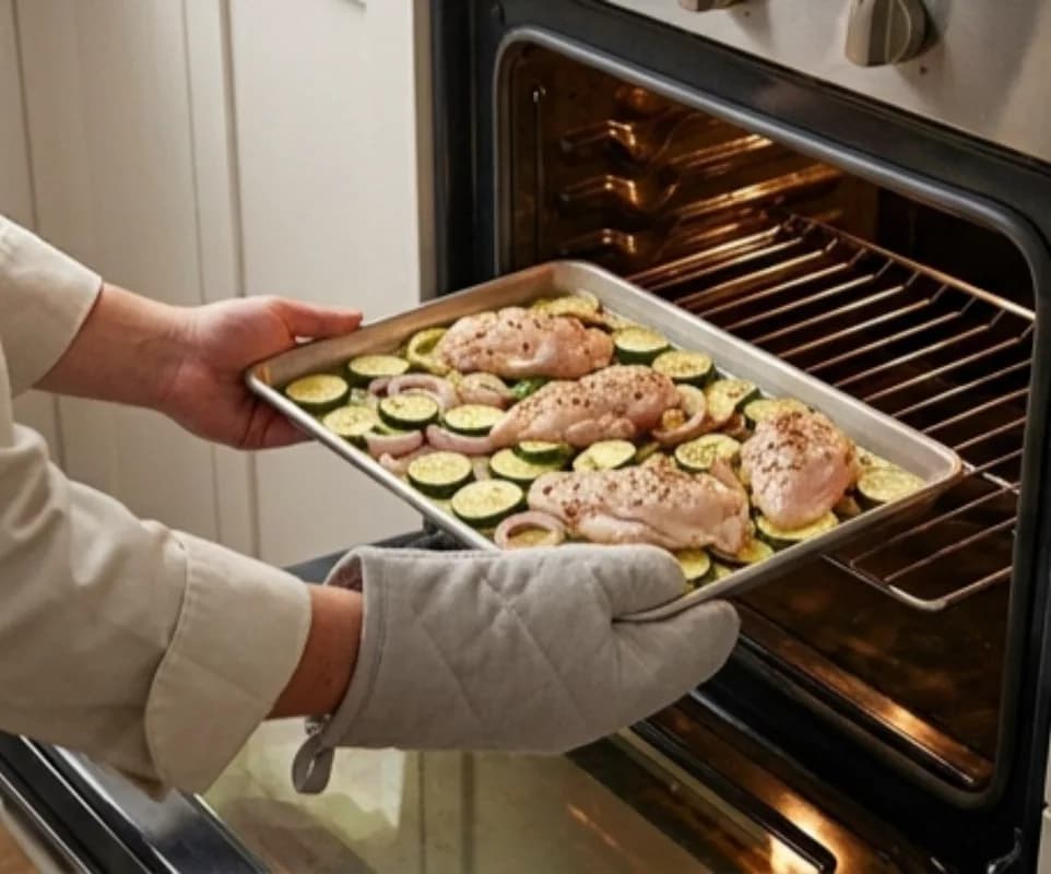 Выложите овощи и курицу