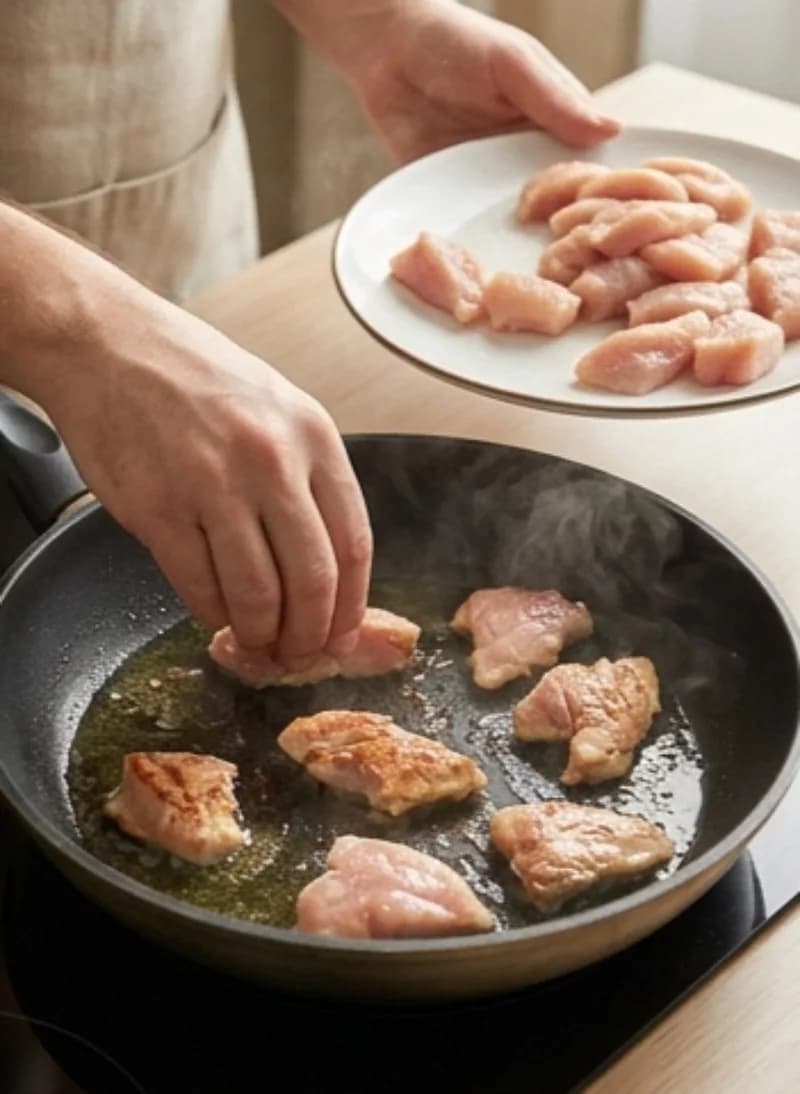 Обжарьте курицу до золотистого цвета