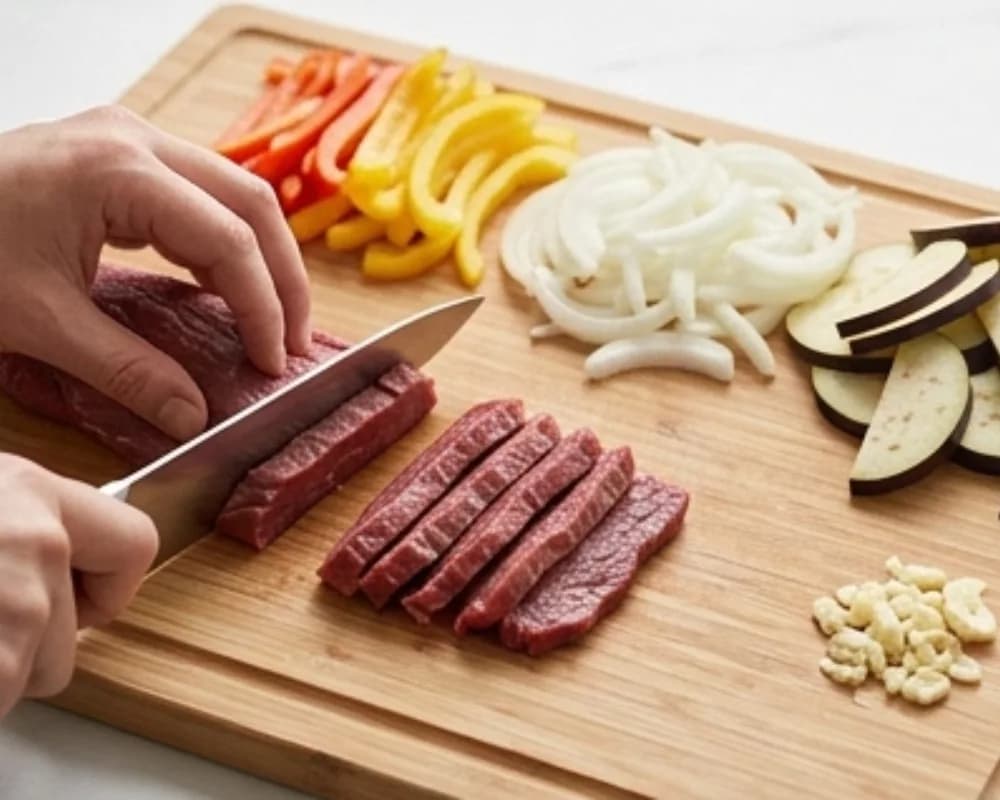 Slice the beef and vegetables
