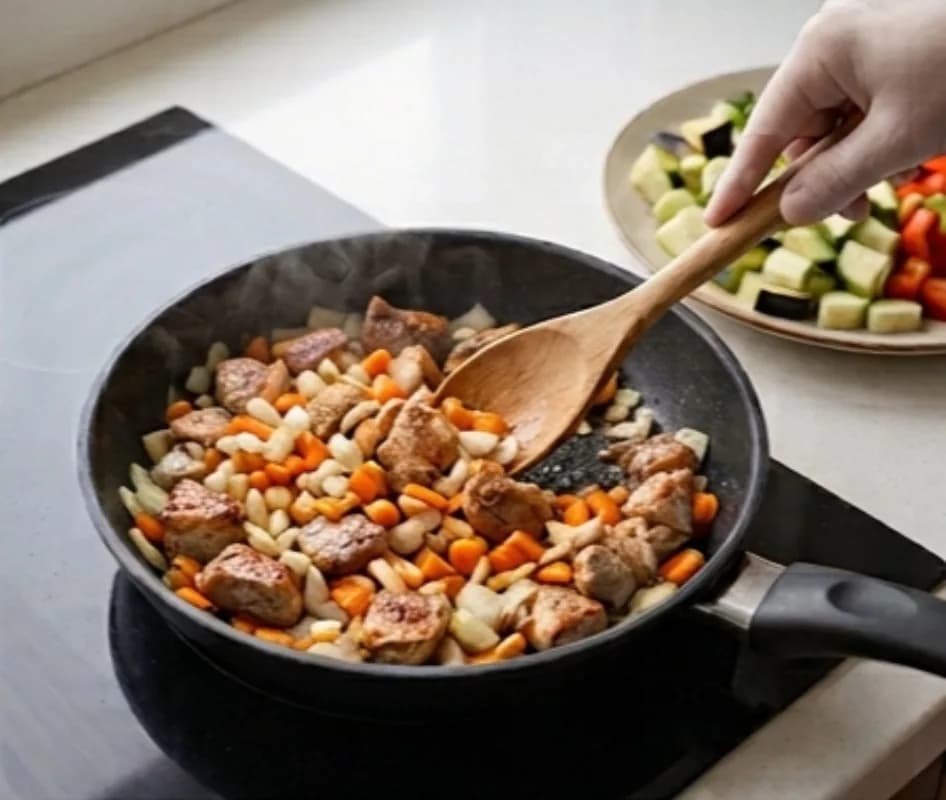 Добавление лука и моркови