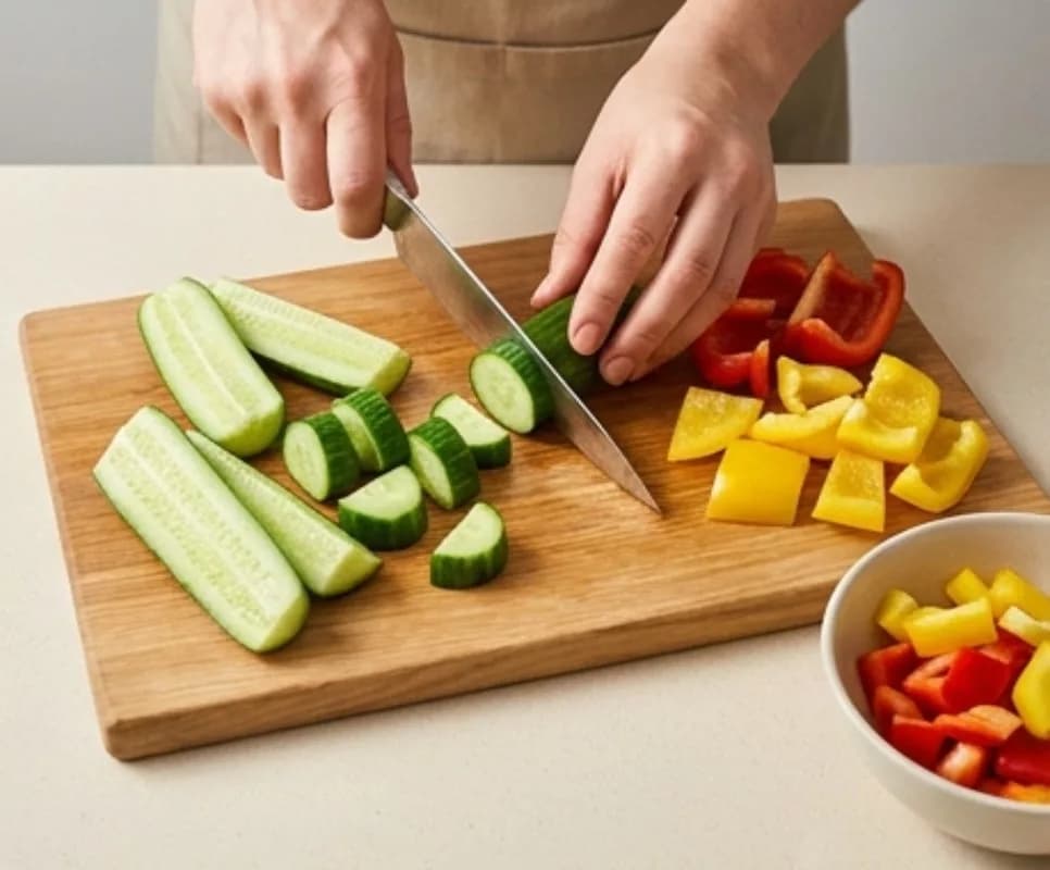 Slice Cucumbers and Peppers