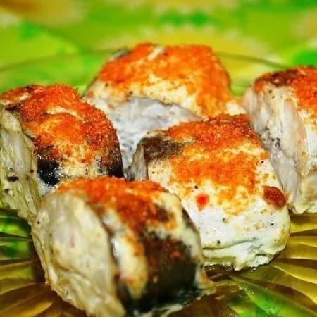 Baked hake with sour cream and mustard