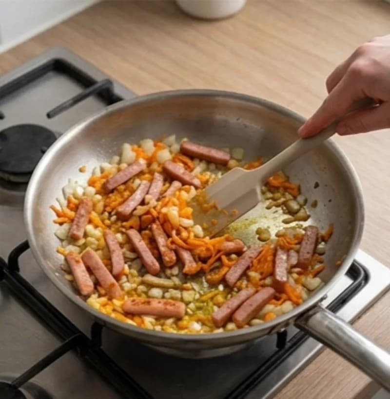 Обжарка овощей и колбасы