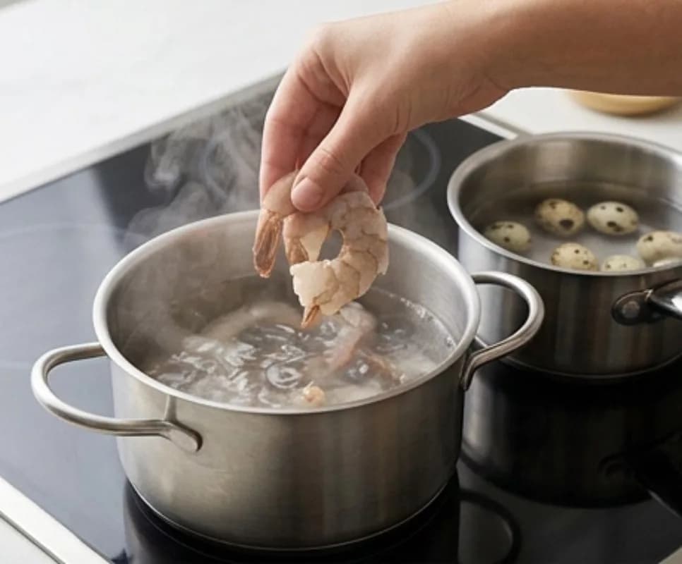 Cook shrimp and eggs