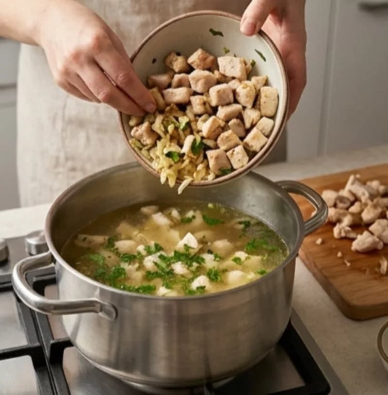 Добавьте нарезанную курицу и зажарку