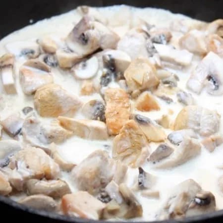 Chicken stewed with mushrooms in cream